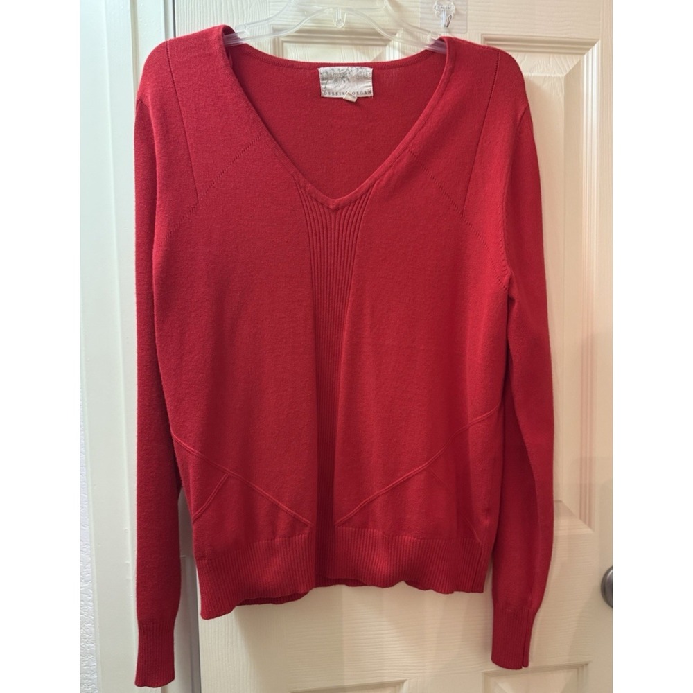Debbie Morgan Red V-Neck Pullover Sweater Womens Large Tight-Knit Regular Fit